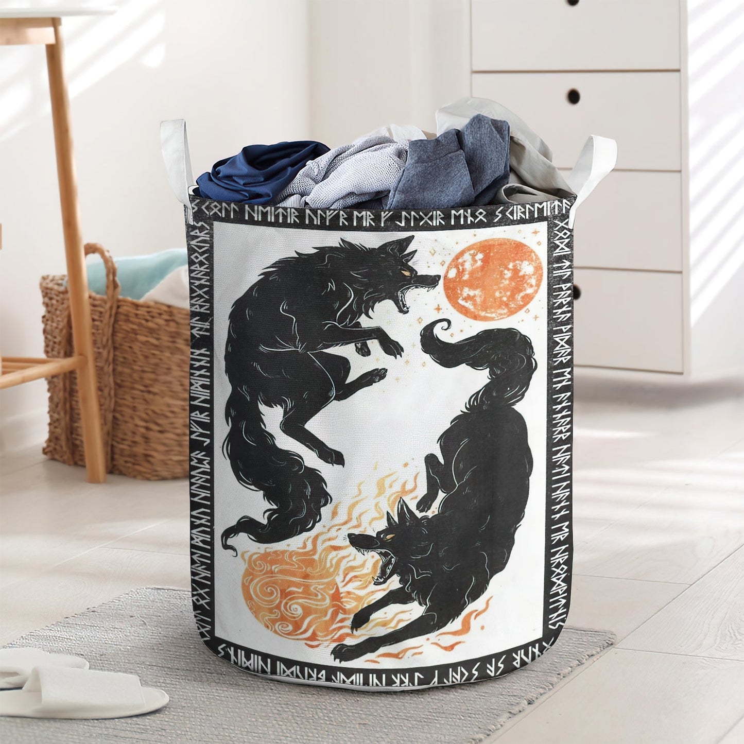 Viking Black Wolf Fire Sun Laundry Basket For Bathroom Bedroom Storage