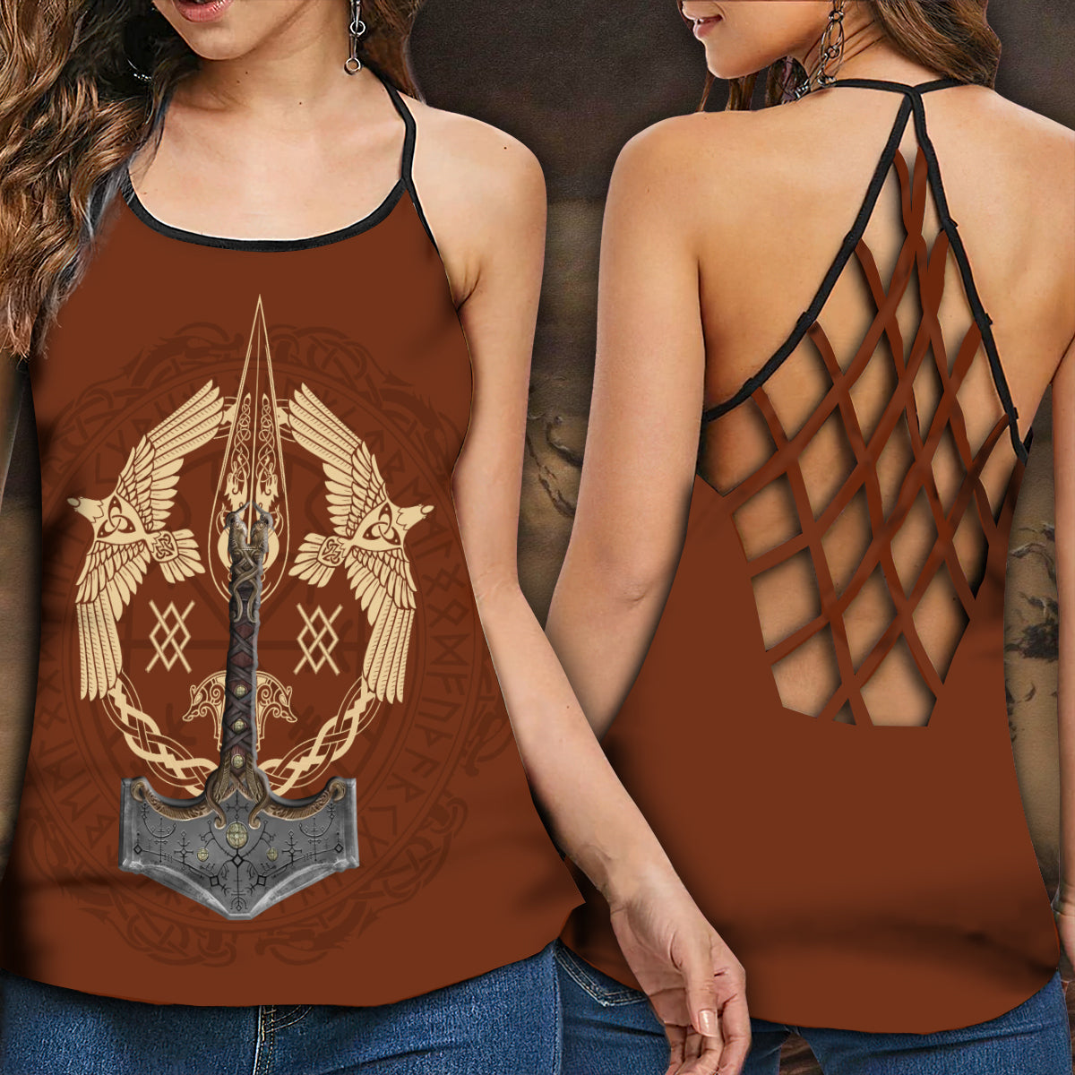 Viking Orange Pattern Norse Warrior Hollow Tank Top For Workouts Festivals And Bold Style