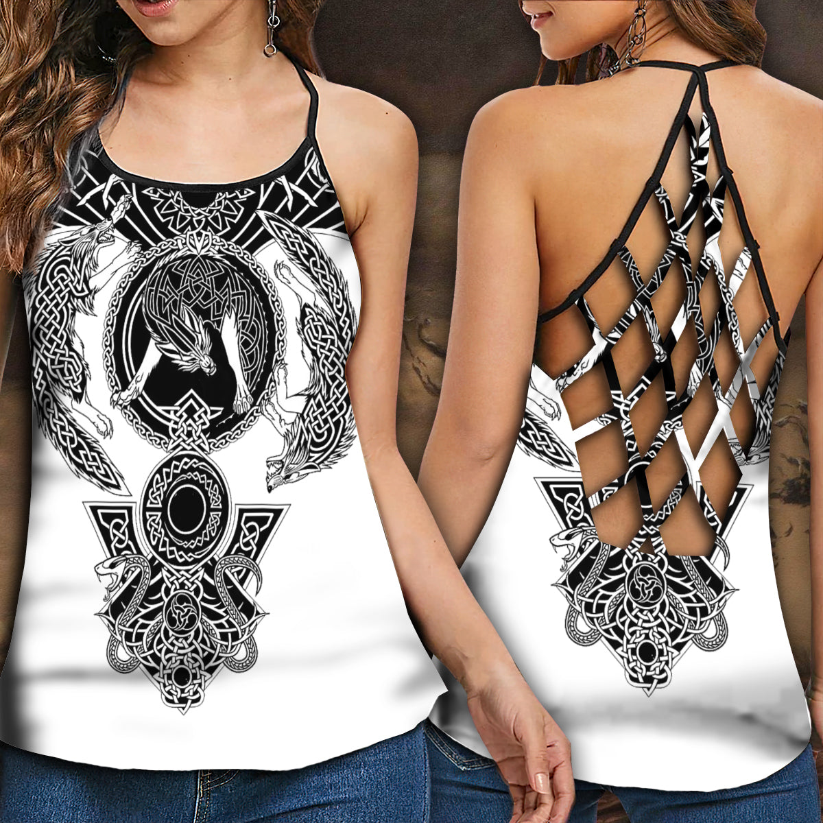 Viking Black And White Pattern Hollow Tank Top For Workouts Festivals And Bold Style