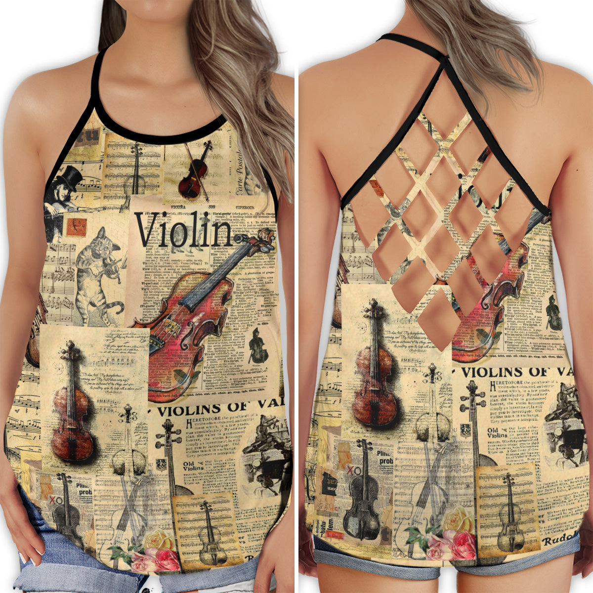 Violin Relaxing Music Calm Hollow Tank Top For Studio Practice And Festival Wear
