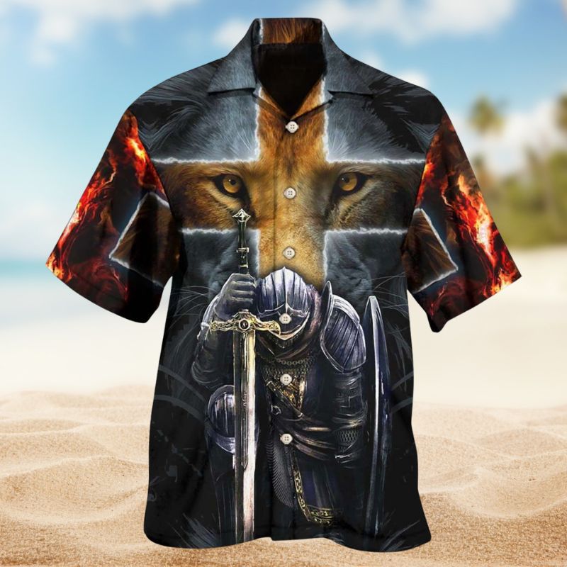 Warrior Christ Lion Cross Hawaiian Shirt For Tropical Holidays, Outdoor Gatherings, And Everyday Comfort