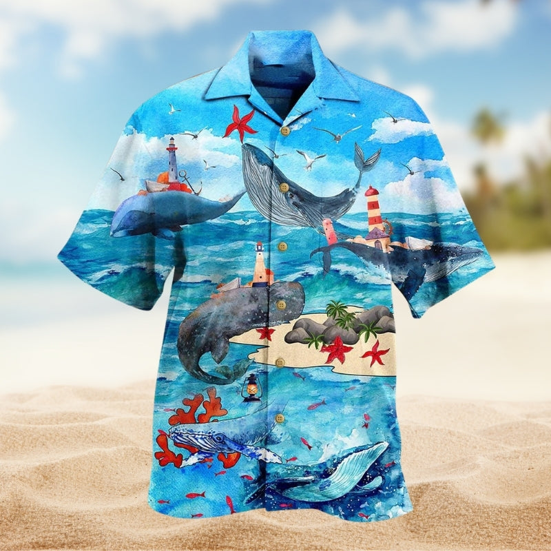 Whale Ocean Sky Hawaiian Shirt For Resort Trips, Coastal Parties, And Warm Weather Style