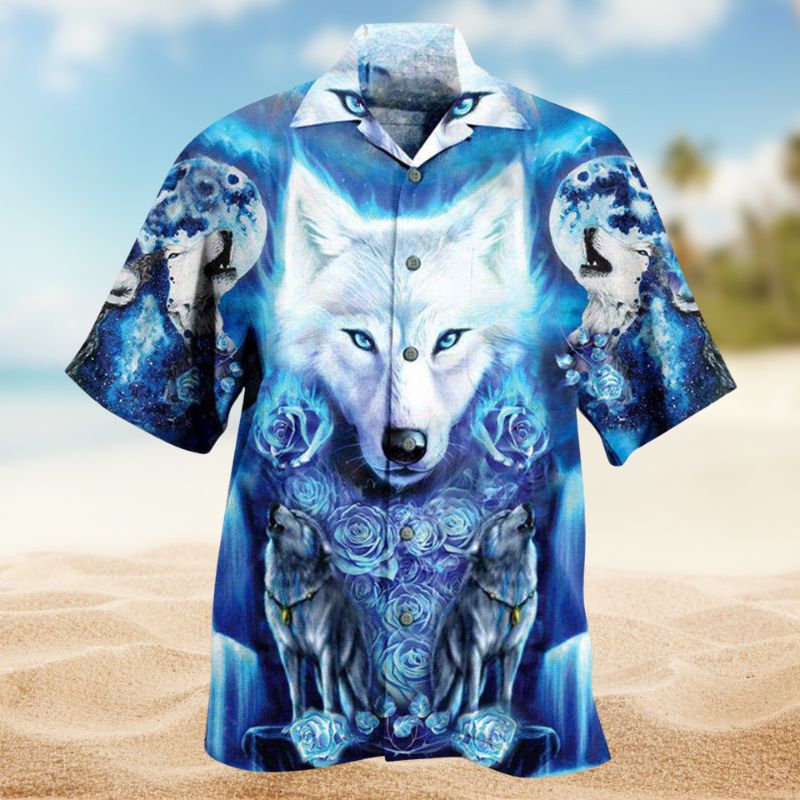 White Wolf Hawaiian Shirt For Animal Lovers, Beach Travel, And Casual Summer Style