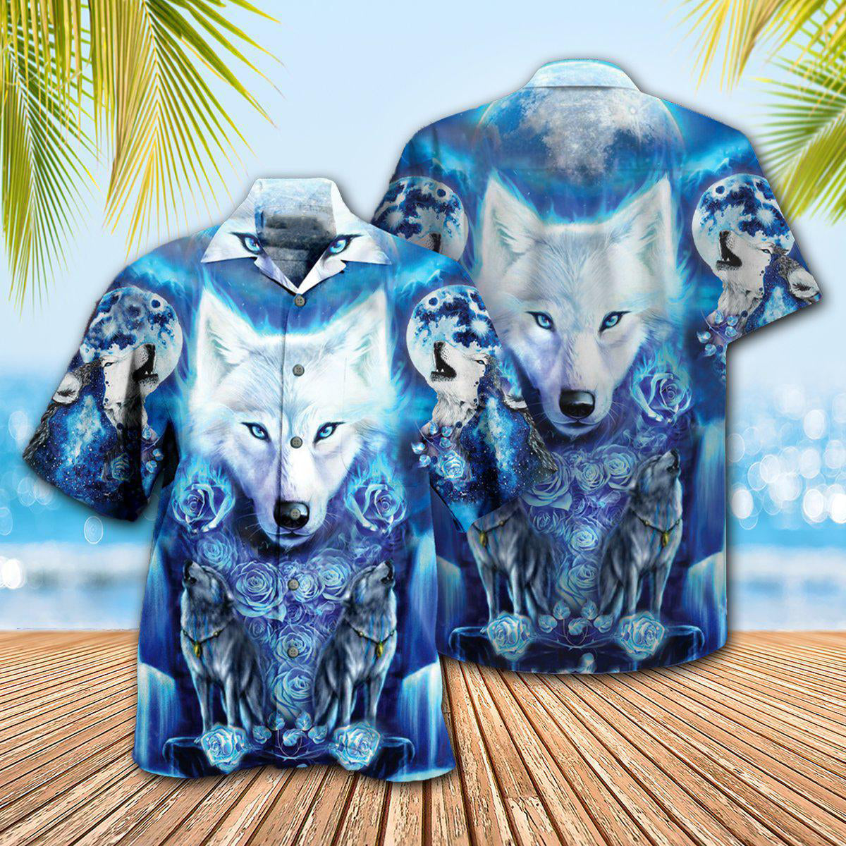 Blue Wolf Hawaiian Shirt Pattern Detail For Summer Holidays And Outdoor Fun