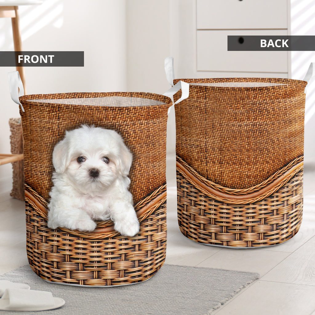 Small Size White Maltipoo Dog Rattan Texture Laundry Basket For Bathroom Bedroom Storage
