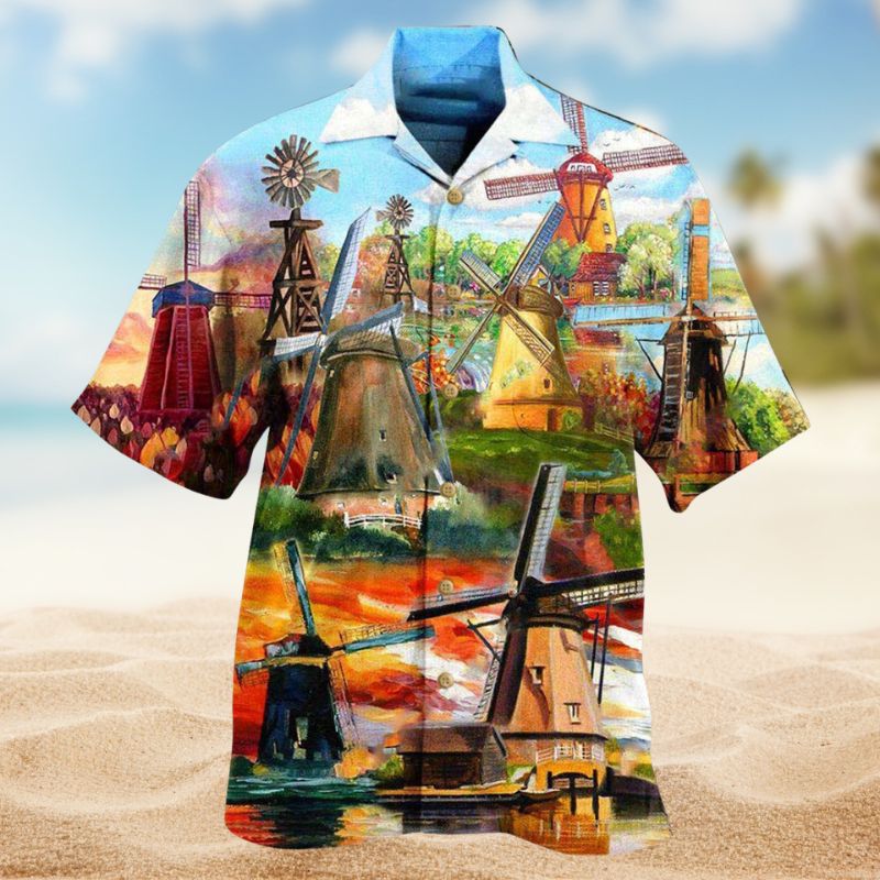 Windmill Peaceful Scenery Hawaiian Shirt For Coastal Travel, Casual Events, And Comfortable Summer Wear