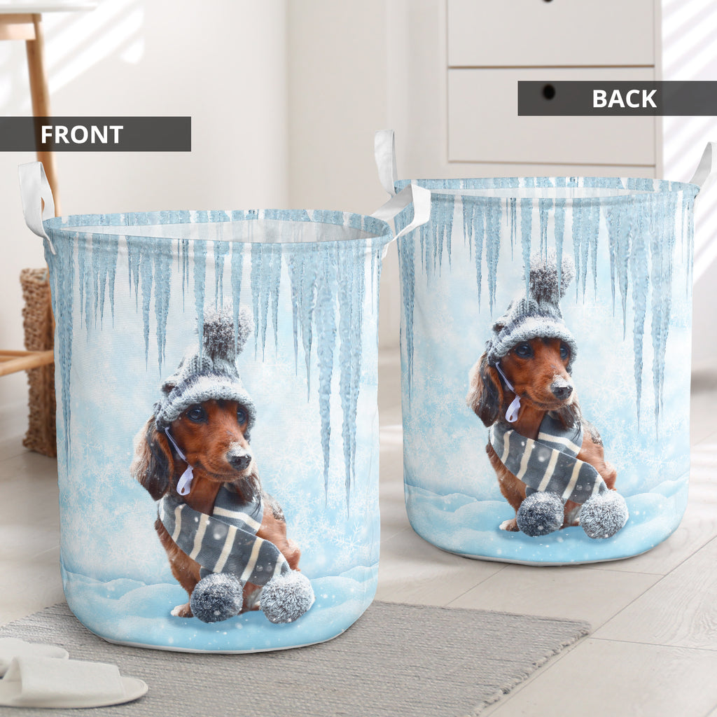 Winter Dachshund Laundry Basket For Bathroom Bedroom Storage