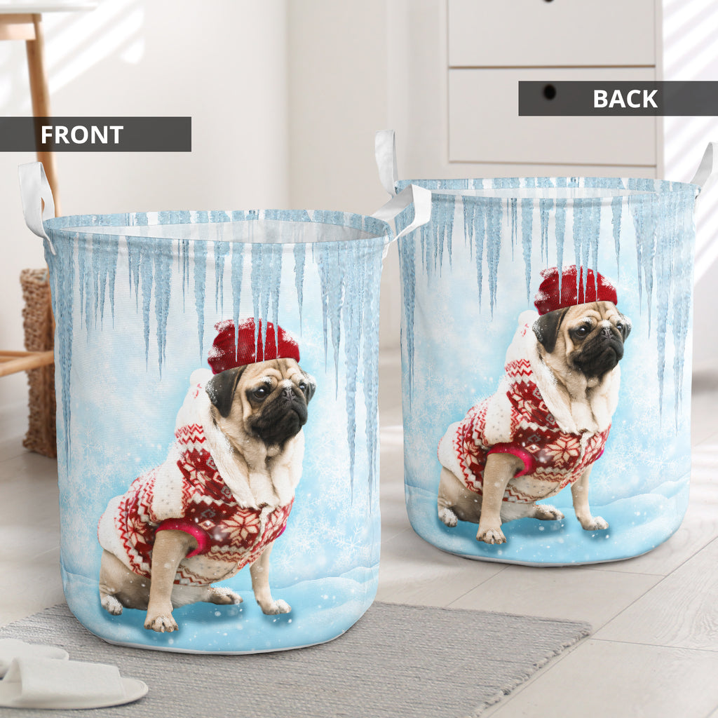 Winter Pug Laundry Basket For Bathroom Bedroom Storage