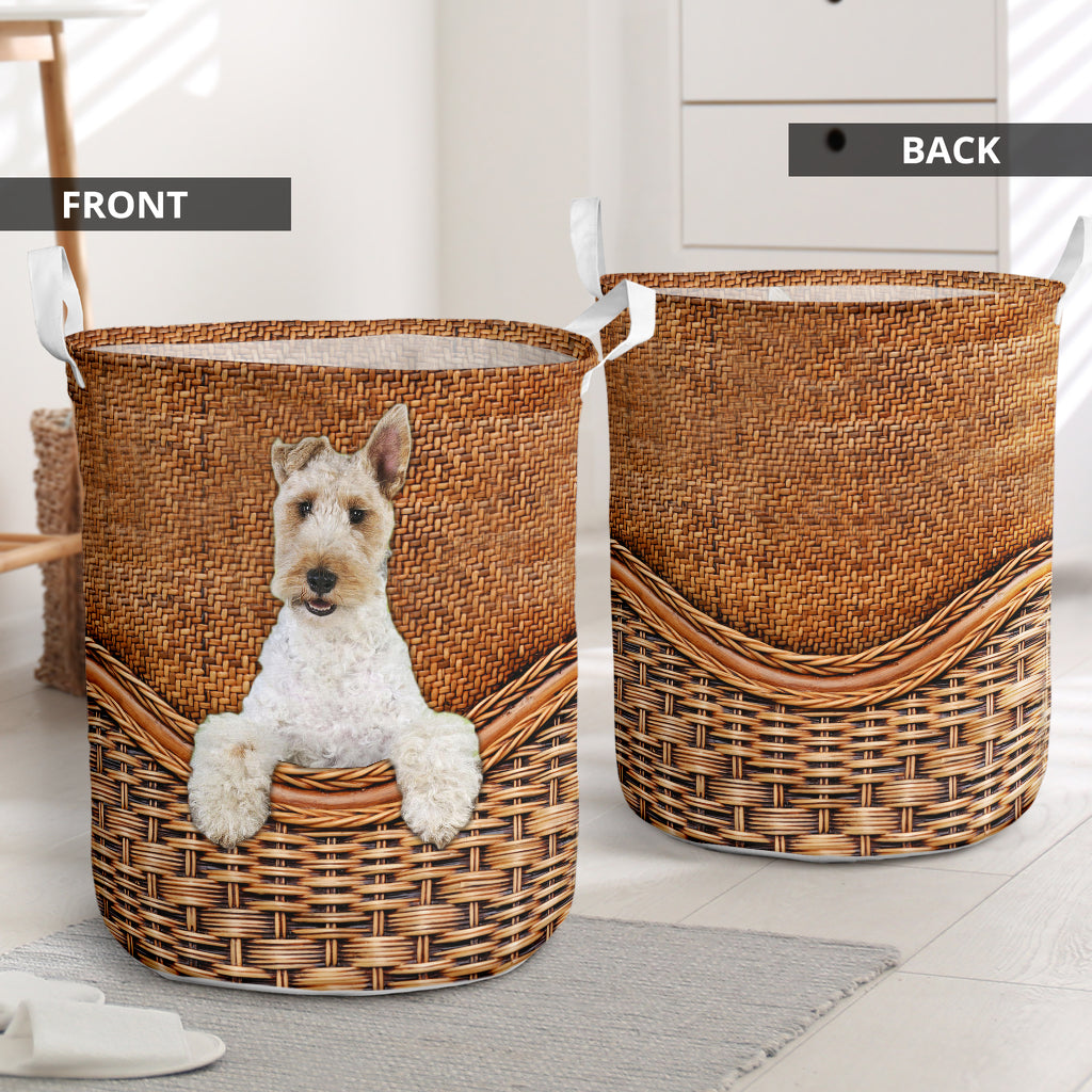 Wire Fox Terrier Dog Rattan Texture Laundry Basket For Bathroom Bedroom Storage
