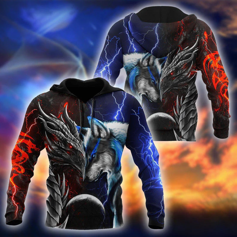 Red Blue Wolf Dragon Hoodie For Imaginative Art Fans Seasonal Events And Relaxed Style