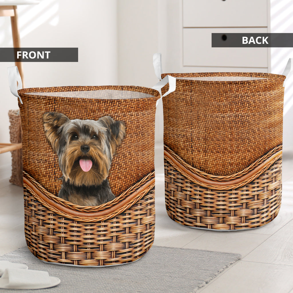 Yorkshire Terrier Dog Rattan Texture Laundry Basket For Bathroom Bedroom Storage