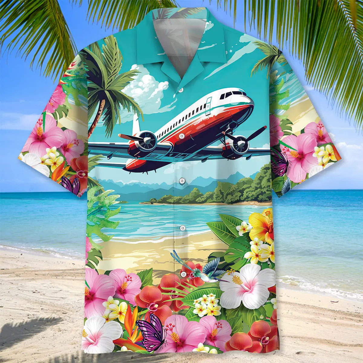 Airplane Creative Pattern Hawaiian Shirt For Summer Vacation, Beach Travel, And Casual Wear