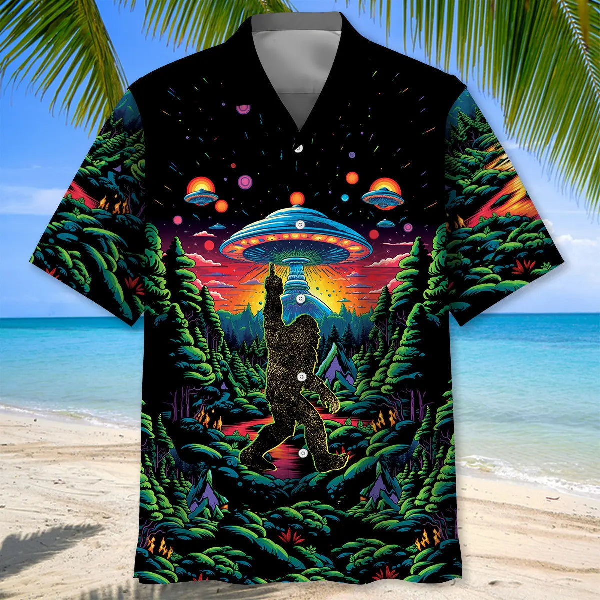 Alien Bigfoot Mischievous Gesture Hawaiian Shirt For Warm Weather Outing And Relaxed Summer Style