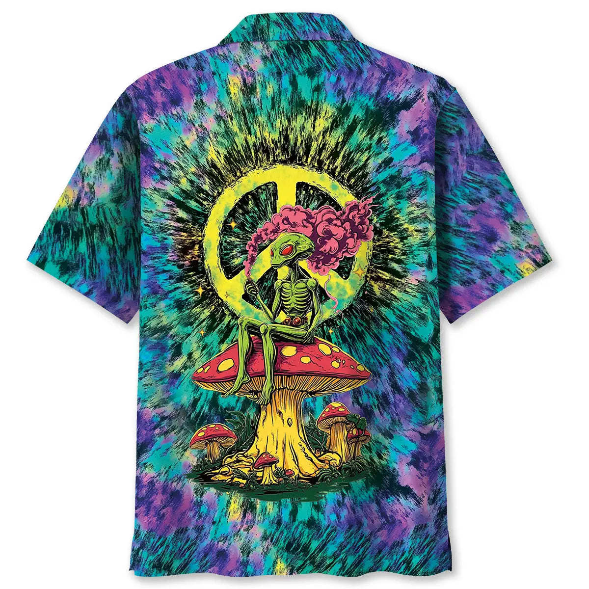 Alien Mushroom Peace Sign Hawaiian Shirt For Resort Trips, Coastal Parties, And Warm Weather Style