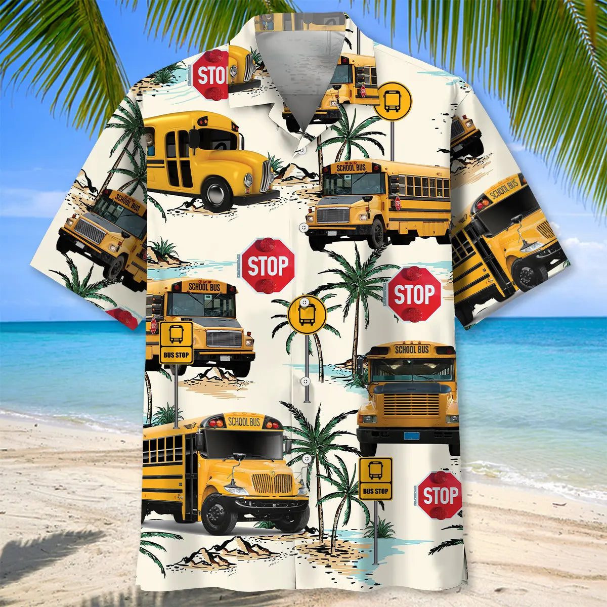 Island Aloha School Bus Hawaiian Shirt For Summer Vacation, Beach Travel, And Casual Wear
