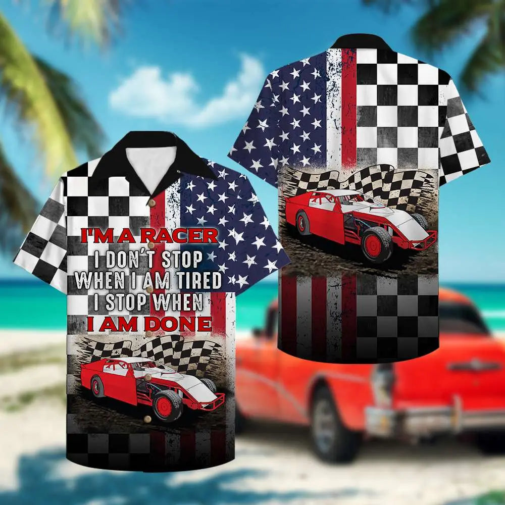 American Island Checkered Pattern Dirt Track Racing Hawaiian Shirt For Summer Vacation, Beach Travel, And Casual Wear