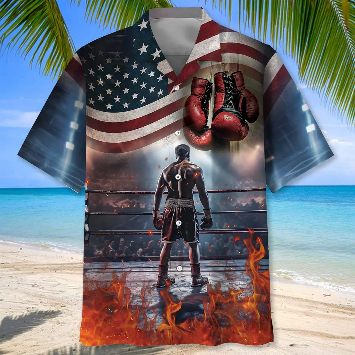 American Flag Boxer Hawaiian Shirt For Heritage Inspired Events, Beach Travel, And Thoughtful Gifting