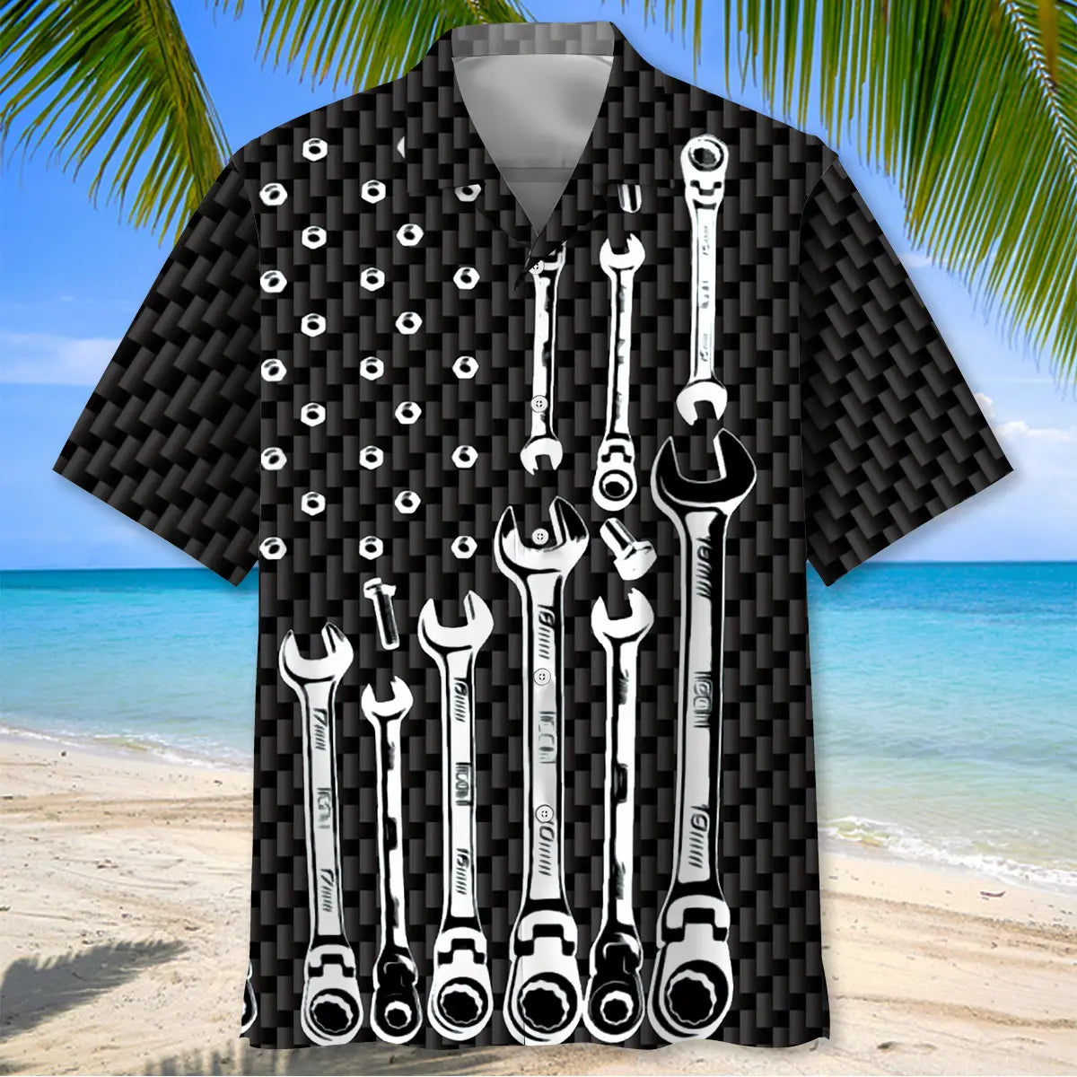 American Mechanic Black White Hawaiian Shirt For Patriotic Events, Summer Travel, And Casual Outdoor Wear