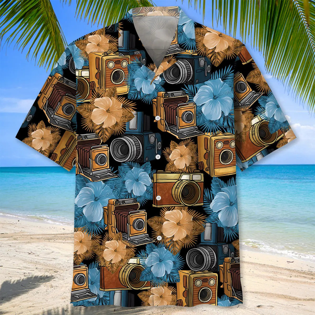 Vintage Antique Camera Hawaiian Shirt For Coastal Travel, Casual Events, And Comfortable Summer Wear
