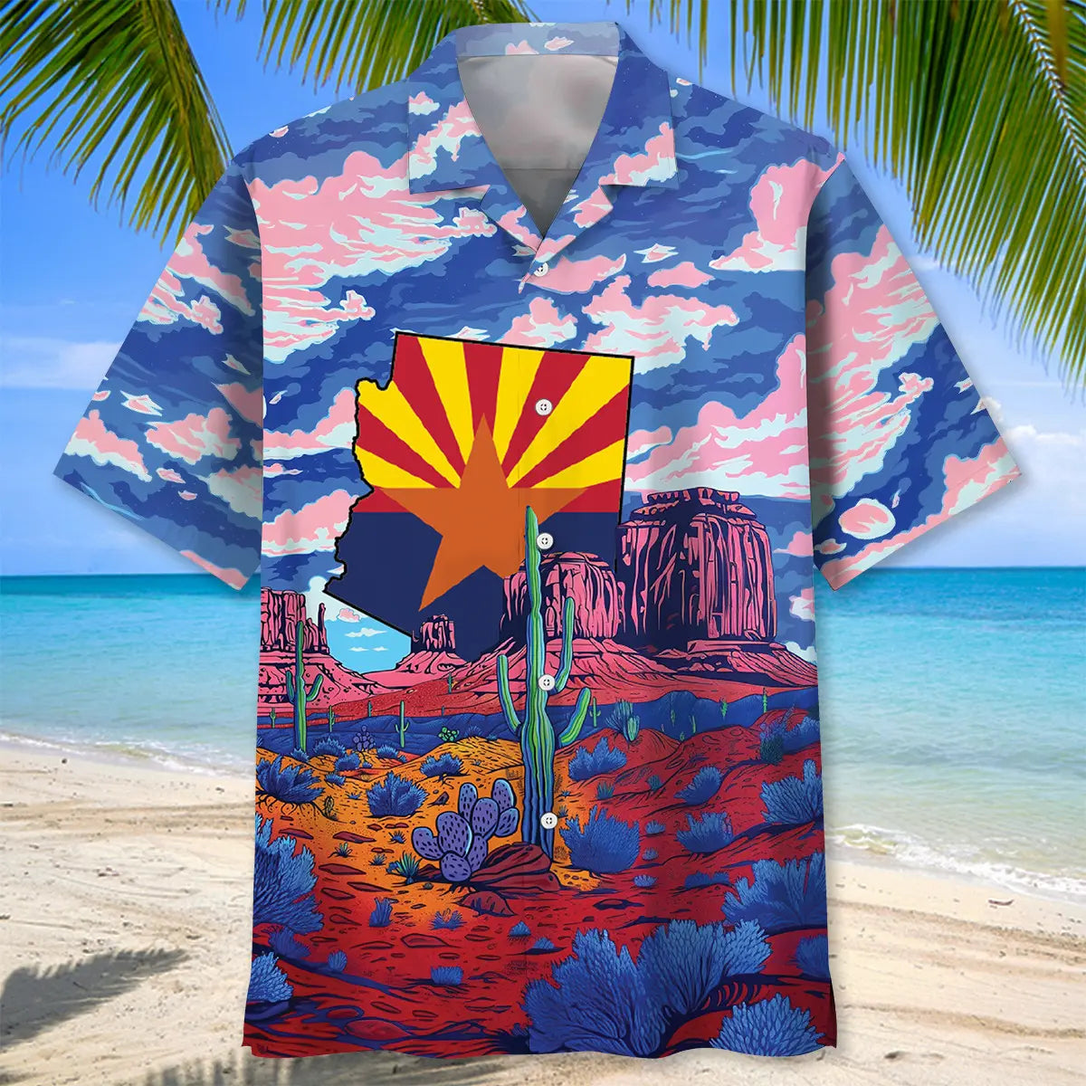 Arizona Heritage Red Mountain Hawaiian Shirt For Summer Vacation, Beach Travel, And Casual Wear