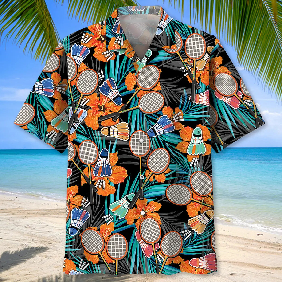 Tropical Badminton Orange Hawaiian Shirt For Summer Vacation, Beach Travel, And Casual Wear