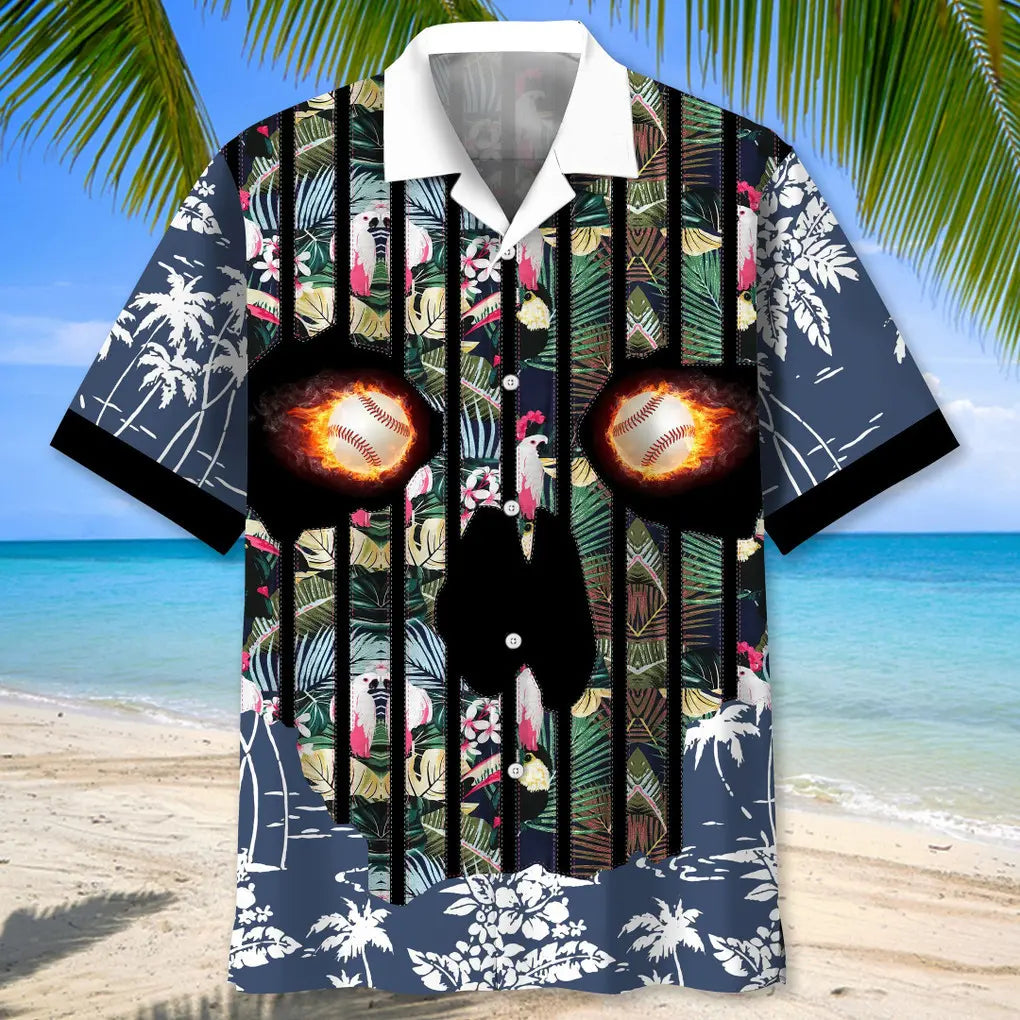 Floral Baseball Skull Hawaiian Shirt For Island Vacations, Casual Events, And Distinctive Seasonal Style