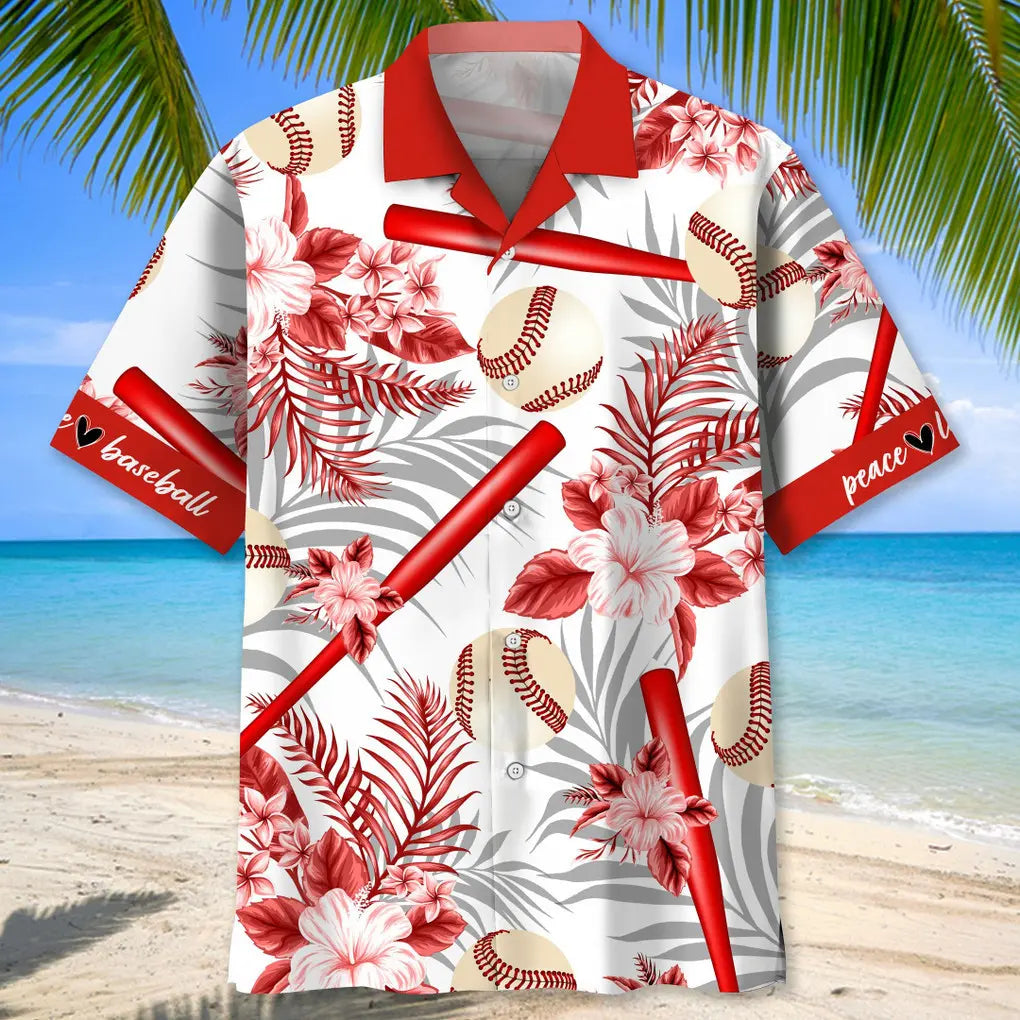 Baseball Red Hawaiian Shirt For Summer Vacation, Beach Travel, And Casual Wear