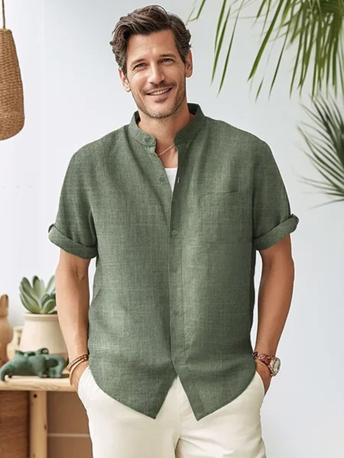Colorful Solid Stand Collar Hawaiian Shirt For Island Vacations, Resort Wear, And Relaxed Seasonal Style