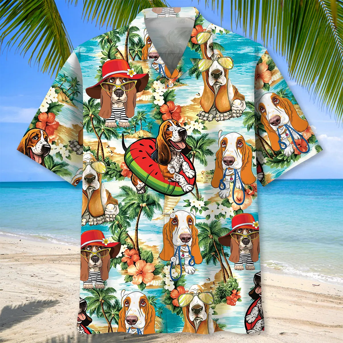 Basset Hound Beach Hawaiian Shirt For Animal Lovers, Beach Travel, And Casual Summer Style