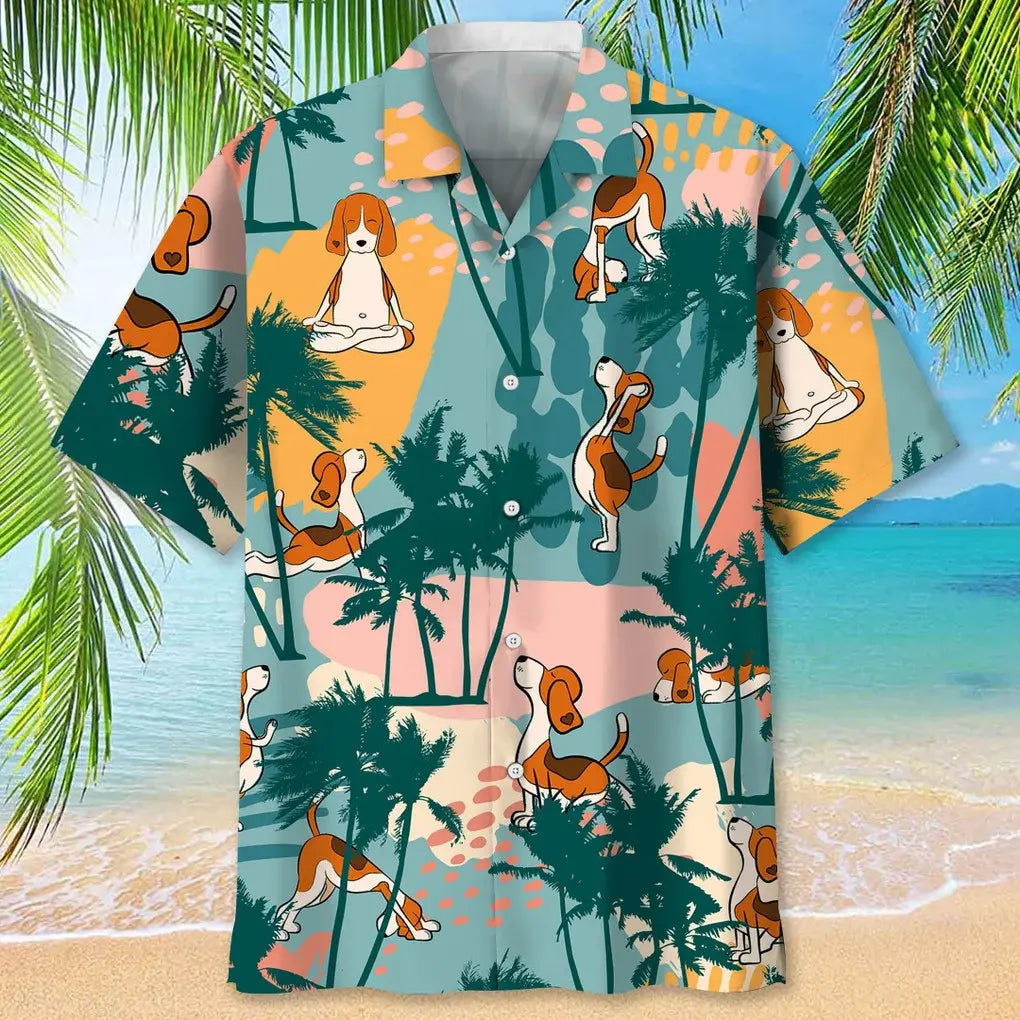 Colorful Beagle Palm Tree Hawaiian Shirt For Tropical Holidays, Resort Trips, And Relaxed Coastal Style