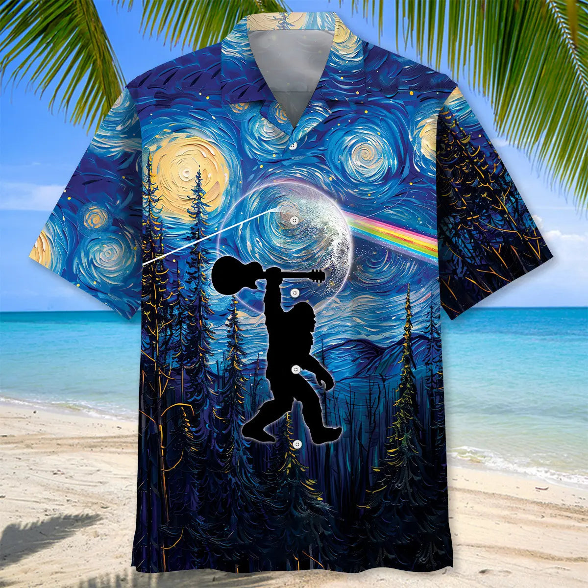 Bigfoot Guitar Starry Sky Hawaiian Shirt For Coastal Travel, Casual Events, And Comfortable Summer Wear