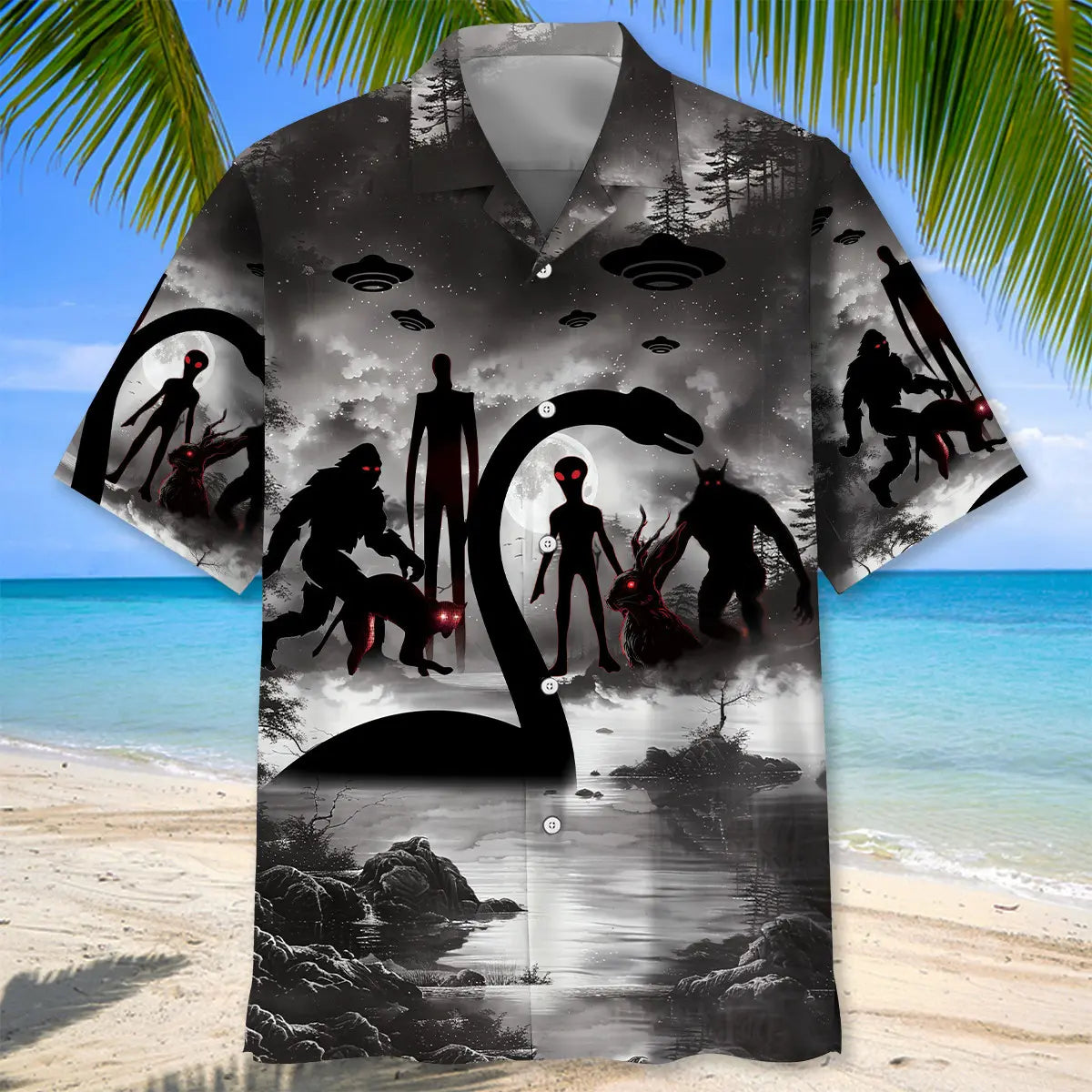 Bigfoot Nessie Alien Mythical Monster Hawaiian Shirt For Family Vacation, Cruise Journey, And Thoughtful Gifting