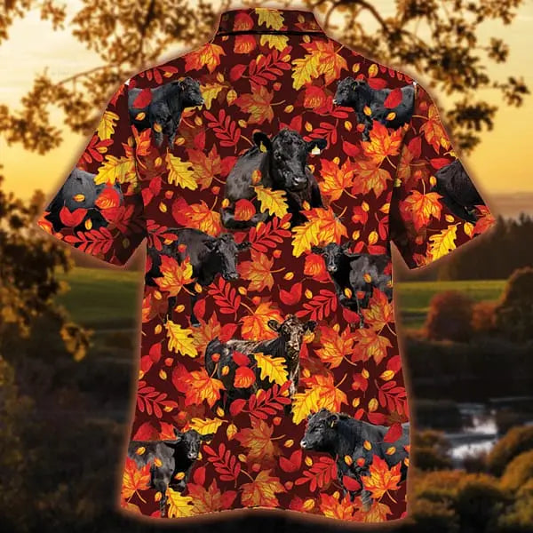 Summer Autumn Black Angus Cattle Red Leaves Cow Hawaiian Shirt For Summer Vacation, Beach Travel, And Casual Wear