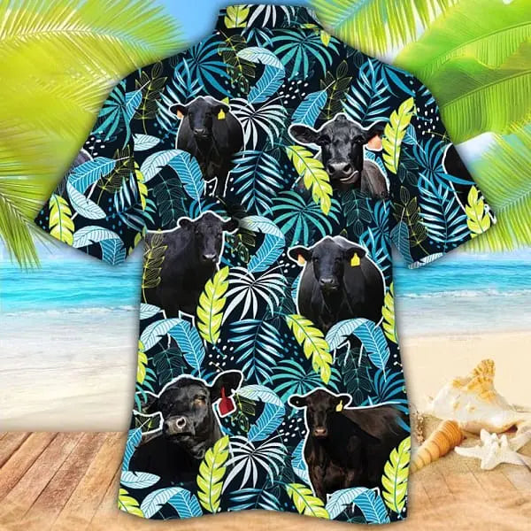 Summer Black Angus Cattle Jungle Leaves Cow Hawaiian Shirt For Summer Vacation, Beach Travel, And Casual Wear