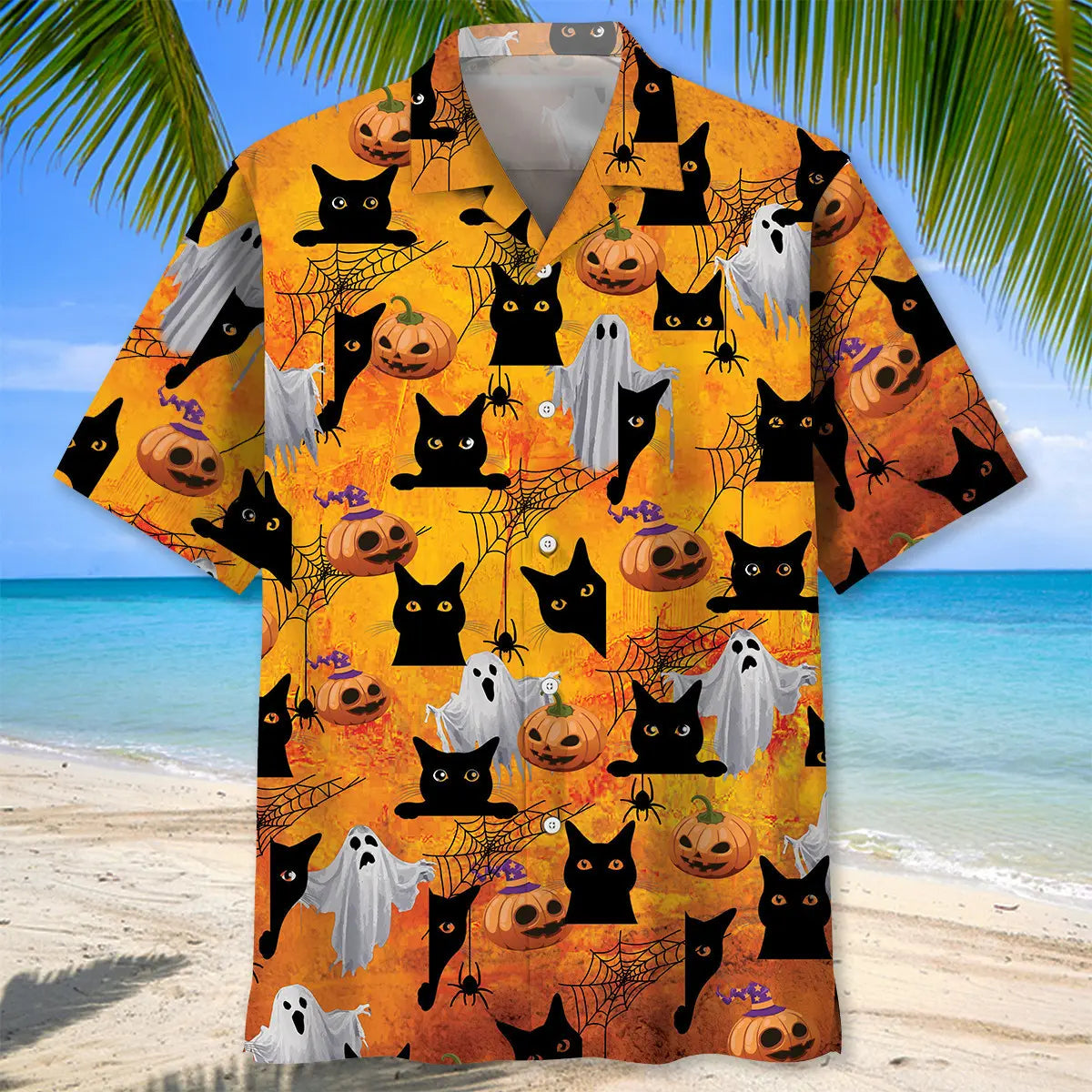 Halloween Black Cat Boo Hawaiian Shirt For Island Vacations, Resort Wear, And Relaxed Seasonal Style
