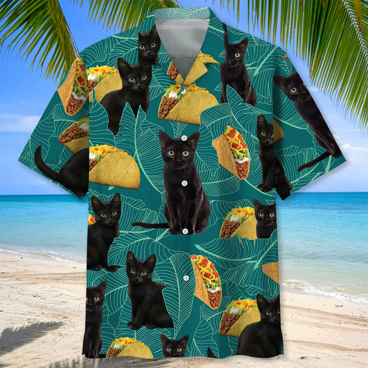 Black Cat Food Hawaiian Shirt For Summer Vacation, Beach Travel, And Casual Wear