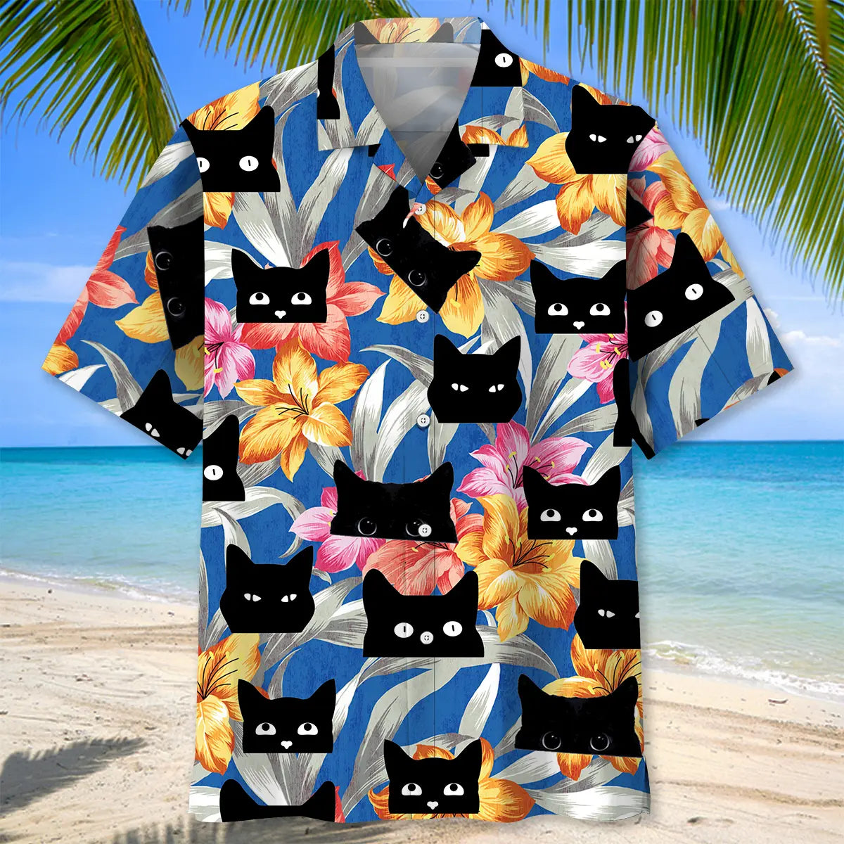 Tropical Funny Black Cat Hawaiian Shirt For Animal Lovers, Beach Travel, And Casual Summer Style