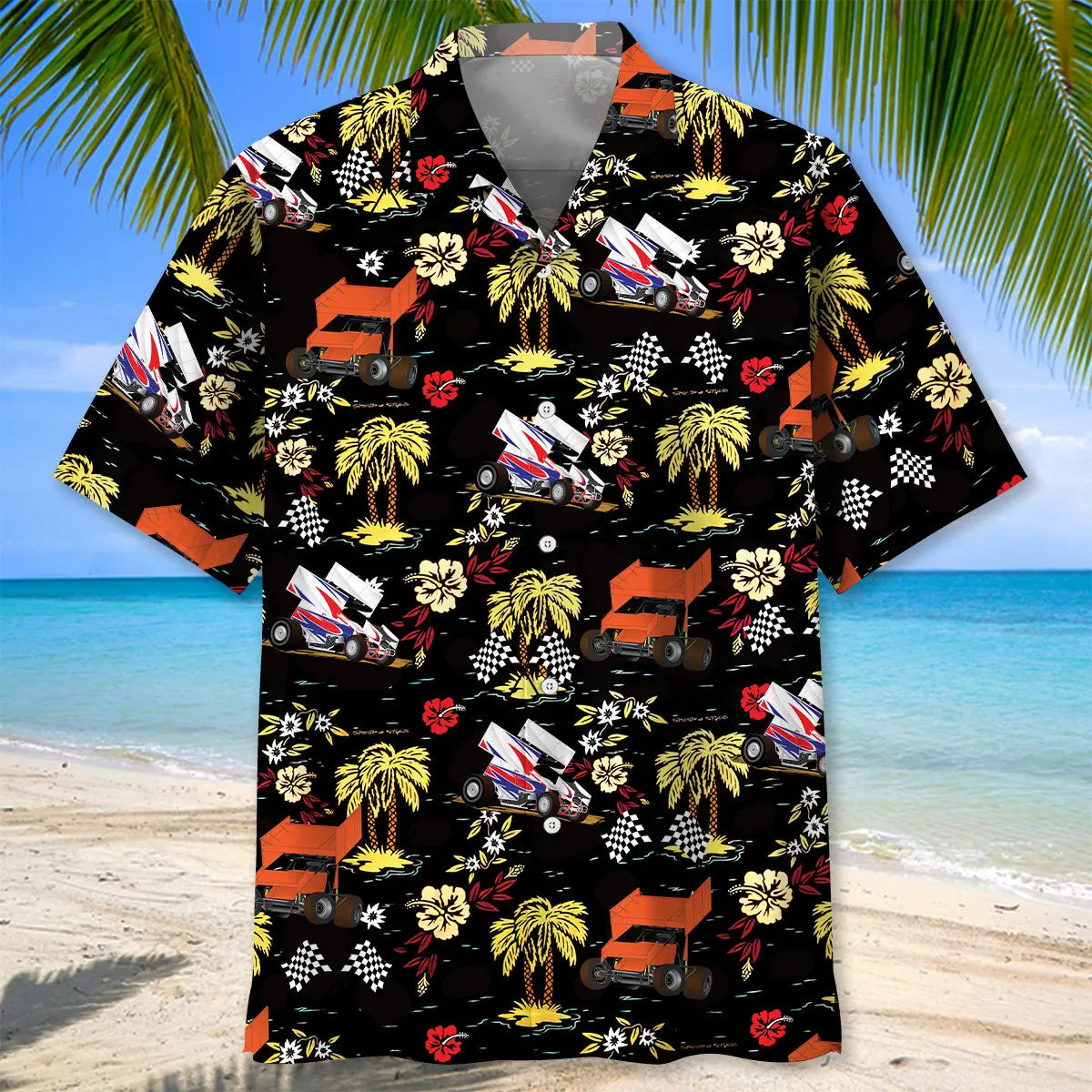 Black Dirt Track Racing Sprint Car Hawaiian Shirt For Outdoor Event, Beach Travel, And Daily Summer Wear