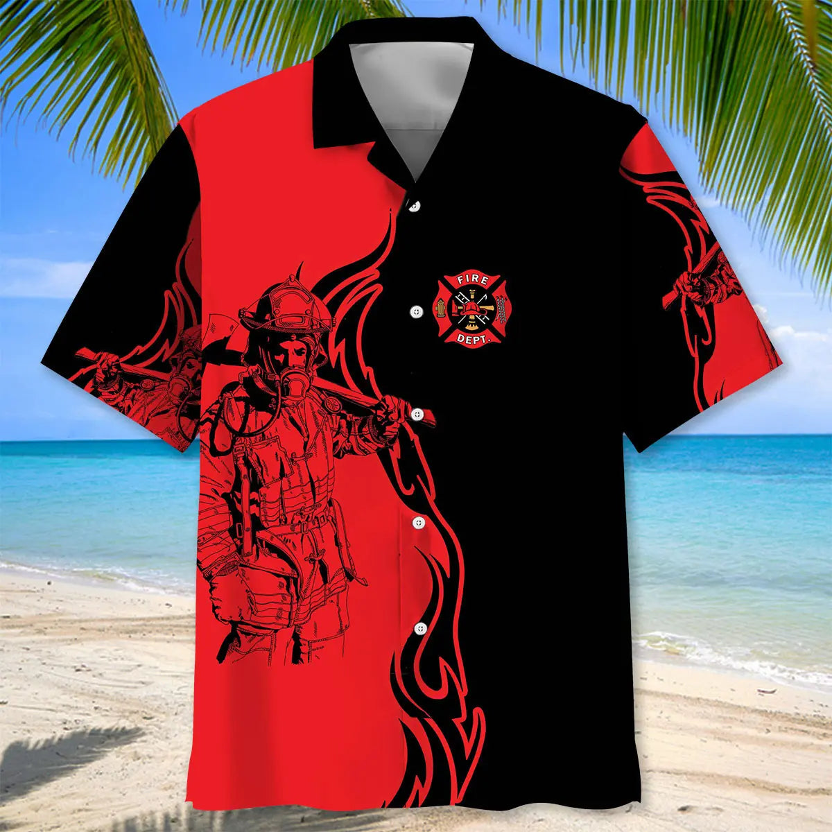 Black And Red Firefighter Hawaiian Shirt For Tropical Holiday And Vacation Outfit