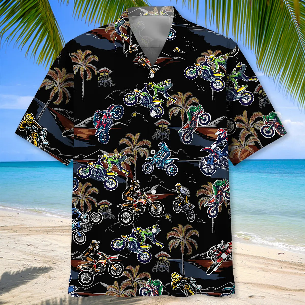 Tropical Black Dirt Bike Racing Hawaiian Shirt For Racing Fans, Summer Outings, And Relaxed Vacation Wear