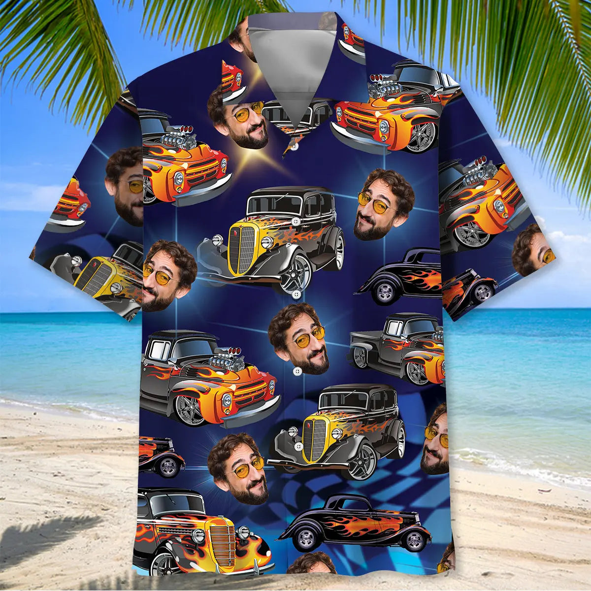 Classic Blue Hot Rod Racing Personalized Photo Face Hawaiian Shirt For Summer Vacation, Beach Travel, And Casual Wear