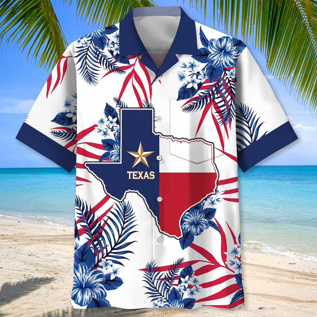 Blue Texas Heritage Pride Hawaiian Shirt For Summer Vacation, Beach Travel, And Casual Wear