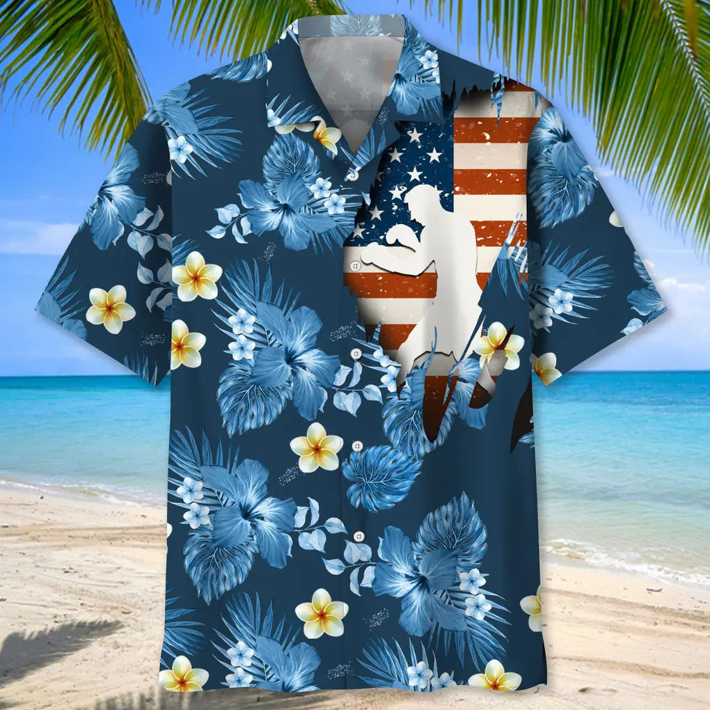 American Tropical Boxing Blue Hawaiian Shirt For Coastal Travel, Casual Events, And Comfortable Summer Wear