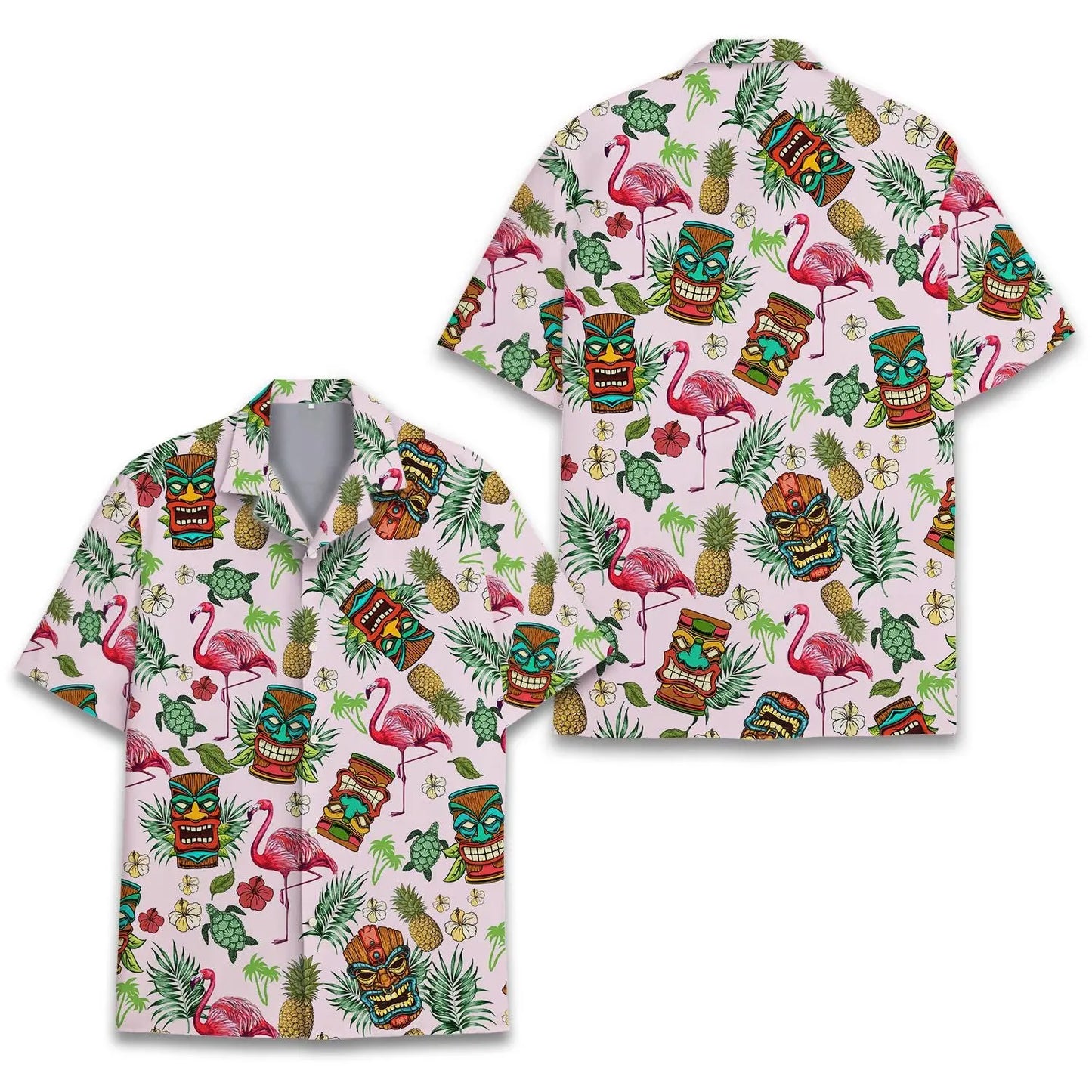Tropical Island Tiki Flamingo Aloha Hawaiian Shirt For Beach Days, Summer Outings, And Thoughtful Gift Giving