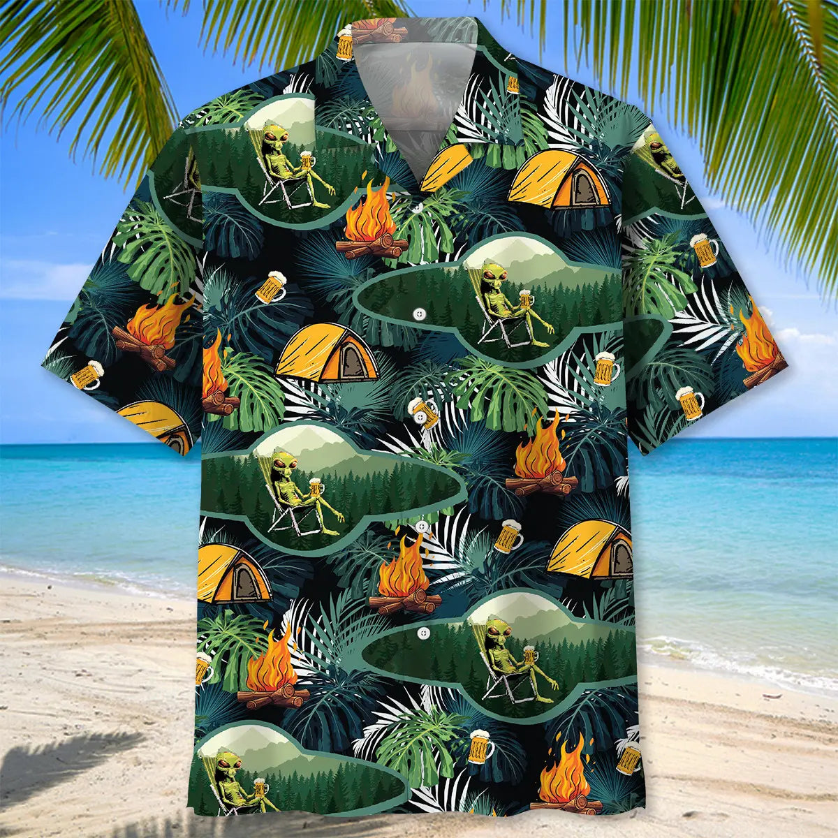 Camping Alien Relaxing Campfire Hawaiian Shirt For Poolside Gathering, Cruise Journey, And Outdoor Comfort