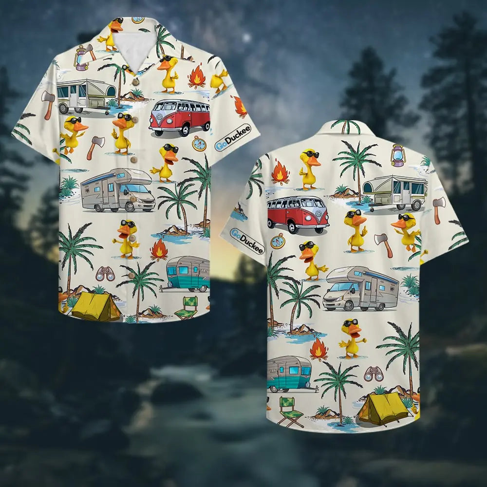 Island Summer Camping Duck Aloha Campers Pattern Hawaiian Shirt For Summer Vacation, Beach Travel, And Casual Wear