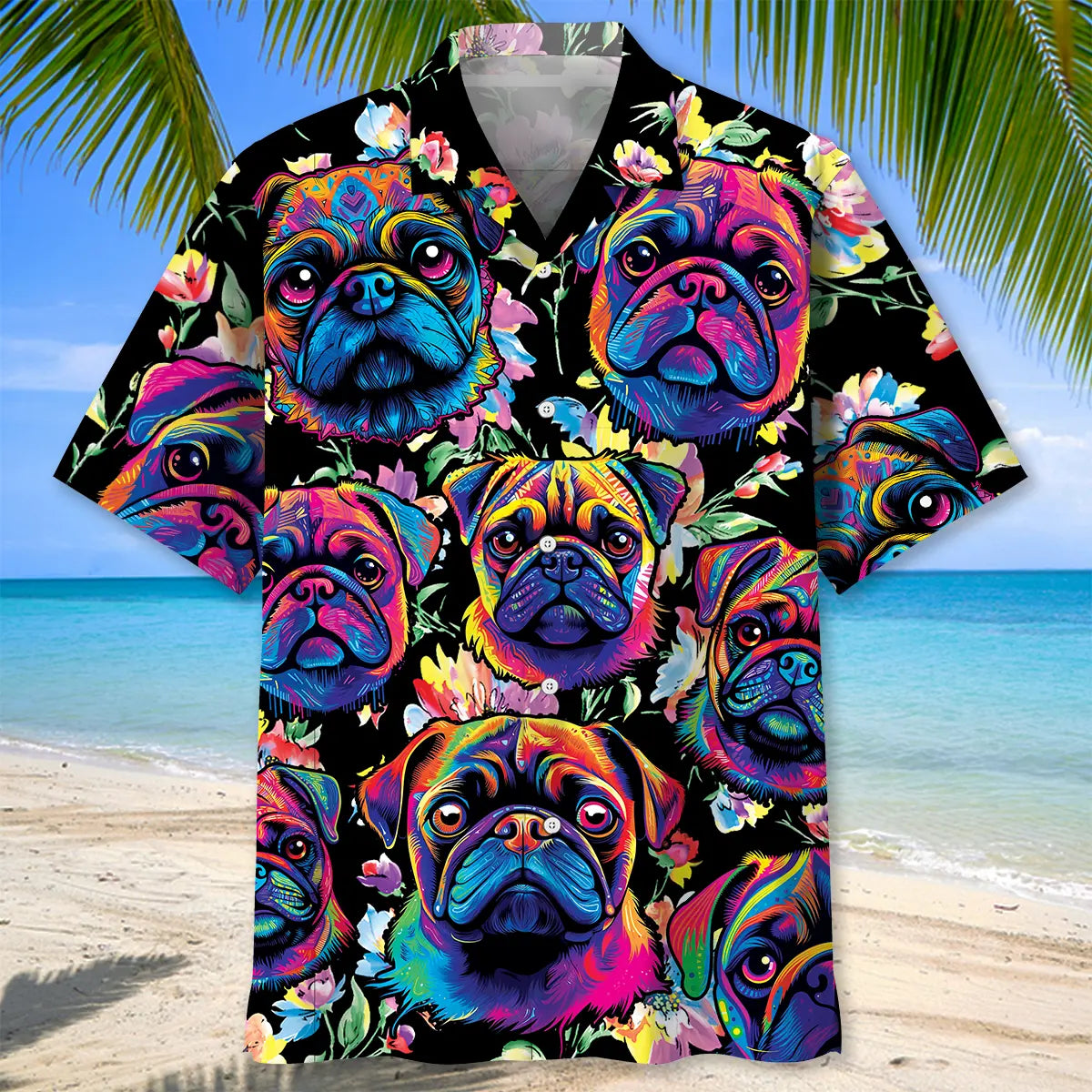 Creative Colorful Pug Hawaiian Shirt For Animal Lovers, Beach Travel, And Casual Summer Style