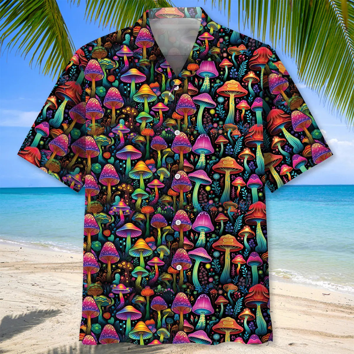 Colorful Mushroom Hawaiian Shirt For Summer Vacation, Beach Travel, And Casual Wear