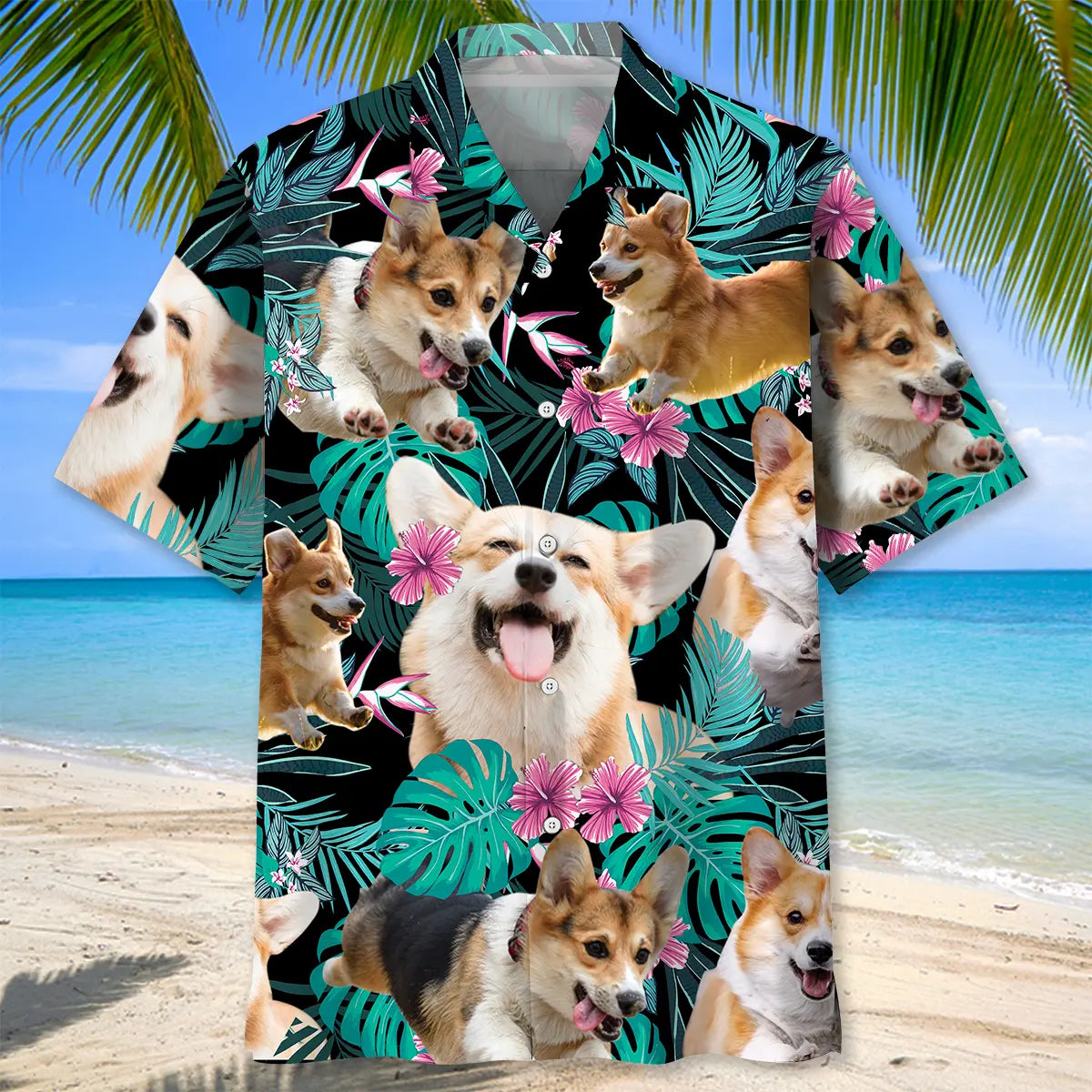 Floral Tropical Corgi Hawaiian Shirt For Summer Vacation, Beach Travel, And Casual Wear
