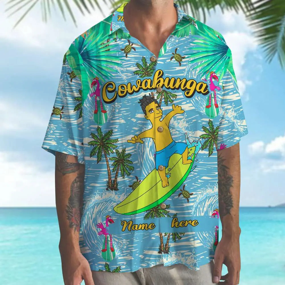 Island Cartoon Surfing Aloha Hawaiian Shirt For Island Vacations, Resort Wear, And Relaxed Seasonal Style